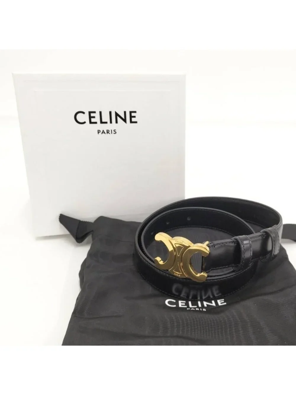 Celine Belt Triomphe Gold Leather Black